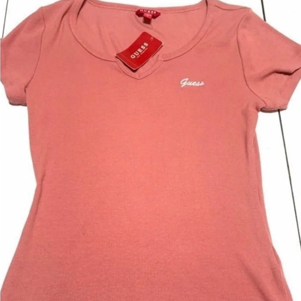 GUESS Womens Casual Ribbed Knit Yara Peach Orange Color T-Shirt Short Sleeve Top